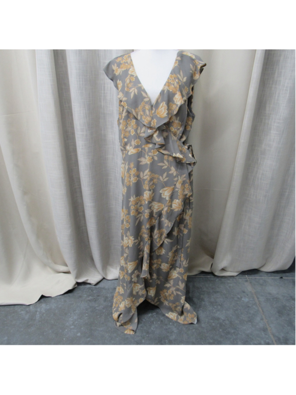 Leith Floral Ruffle Wrap High Low Maxi Dress Grey Tan Yellow V-Neck Boho XXL